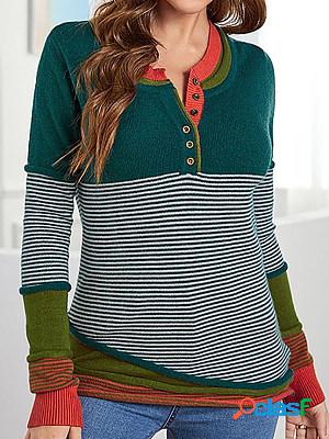 Casual Striped Colorblock Button V-Neck Long Sleeve Sweater