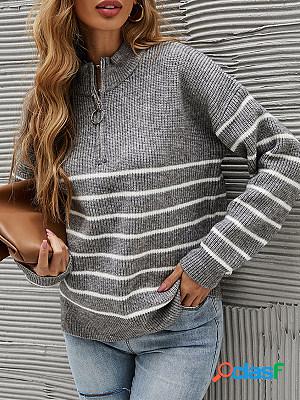 Casual Striped Half Turtleneck Zippered Long Sleeve Sweater