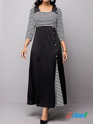 Casual Striped Panel Crew Neck Button Long Sleeve Maxi Dress