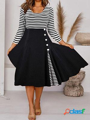 Casual Striped Panel Crew Neck Long Sleeve Midi Dress