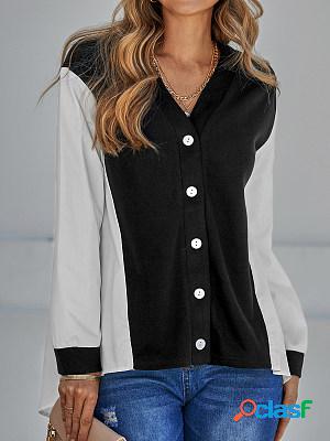 Casual V-Neck Contrast Panel Long Sleeve Shirt