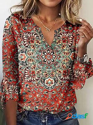 Casual V-Neck Printed Flared Sleeve T-Shirt