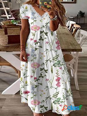 Casual V Neck Short Sleeves Floral Printed Maxi Dress