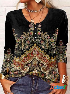 Casual Vintage Ethnic Print Crew Neck Long Sleeve T-Shirt