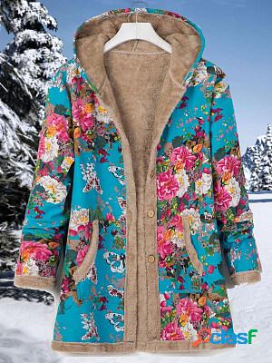 Casual Vintage Floral Print Plush Thermal Hooded Coat