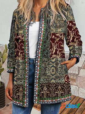 Casual Vintage Print Collarless Long Sleeve Jacket