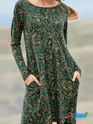 Casual Vintage Print Crew Neck Long Sleeves Short Dress