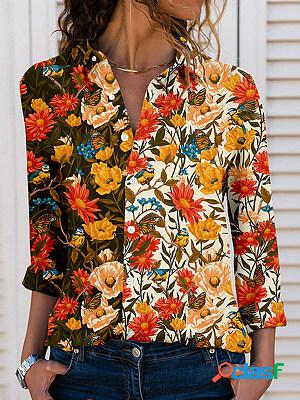 Casual Vintage Print Lapel Long Sleeve Shirt