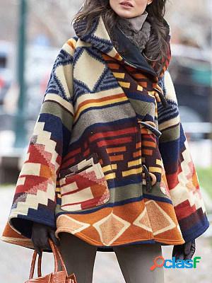 Casual Vintage Print Long Sleeve Hooded Coat