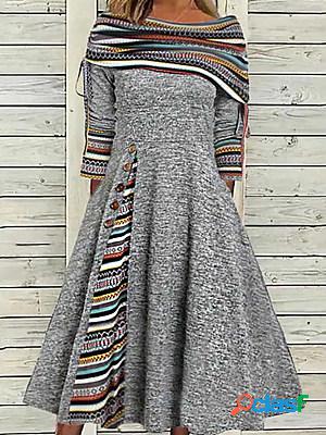Casual Vintage Print Panel Long Sleeve Midi Dress