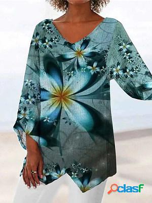 Casual Vintage Print V-Neck Long Sleeve Long Sleeve Blouse