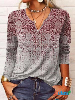 Casual Vintage Print V-Neck Long Sleeve T-Shirt