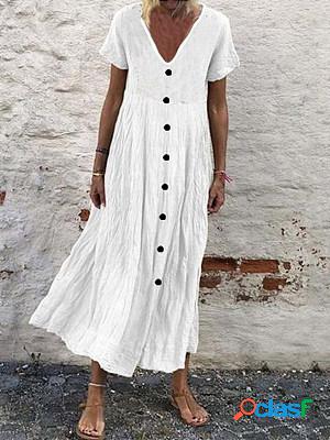 Casual Vintage Solid Color V-Neck Button Short Sleeve Maxi