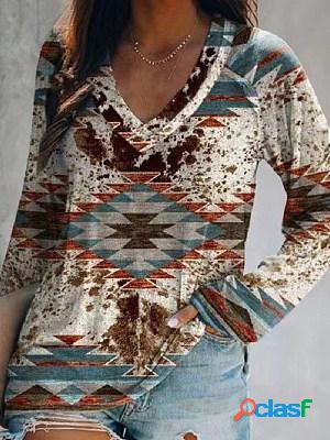 Casual Vintage Tribal Print V-Neck Long Sleeve T-Shirt