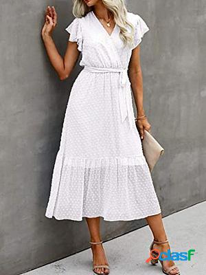 Casual Wrap V-neck Pleated Sleeveless Belt Swing Skirt Maxi