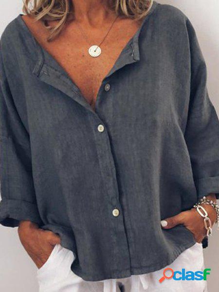 Casuale Colletto a Camicia Misto Cotone Top