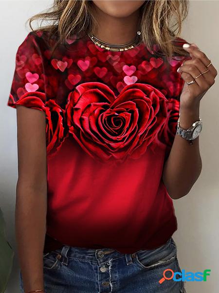 Casuale Sciolto Rosso Floreale Jersey T-shirt