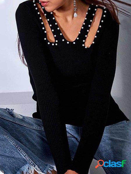 Casuale Tinta unita Regolare In forma Maniche Lunghe T-shirt