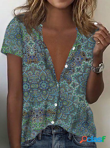 Casuale Tribale Geometrico Colletto a Camicia Allentare