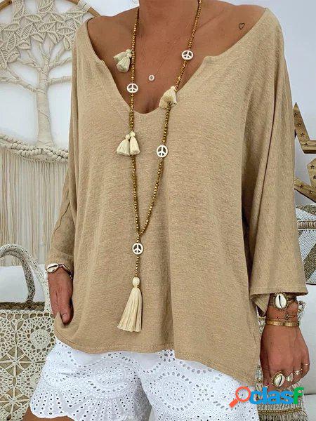 Casuale V NeckSolid Cottone Camicetta & Top