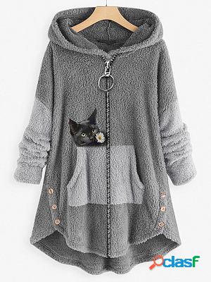 Cat Embroidery Casual Loose Lamb Wool Cardigan Coat