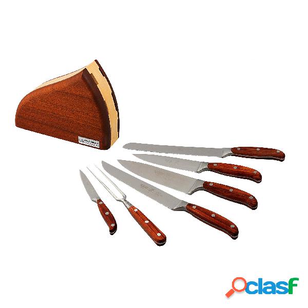 Ceppo in Legno con 6 coltelli forgiati da cucina 45x8xh30 cm