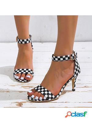 Check Lace-up Peep-toe Heels