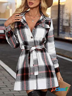 Checked Long-sleeve Cardigan Lace-up Coat