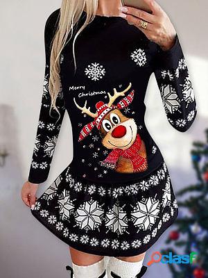 Christmas Print Crew Neck Long Sleeve Shift Dresses