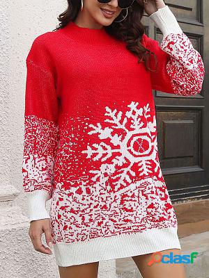 Christmas Snowflake Jacquard Balloon Sleeve Loose Knit Dress