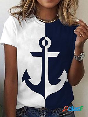 Color-block Round Neck Short Sleeves Printed T-shirt