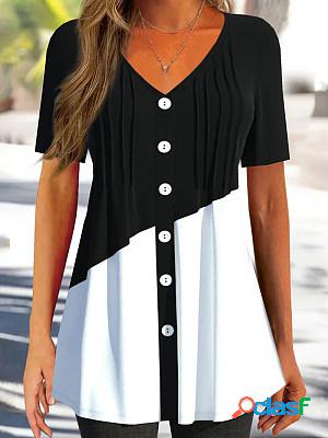 Color-block Short Sleeves V Neck Buttoned Casual T-shirt