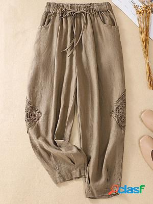 Cotton And Linen Embroidered Elastic Waist Casual Pants