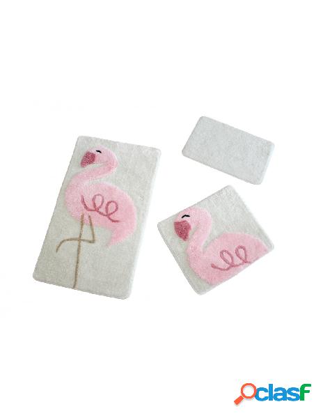 Cotton box - set 3 tappeti bagno pink flamingo rosa e bianco