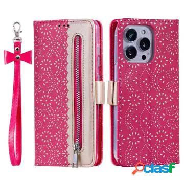 Custodia a Portafoglio con Motivo Merletto per iPhone 14 Pro