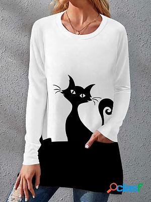 Cute Cat Printed Long Sleeves Crew Neck Loose T-shirt