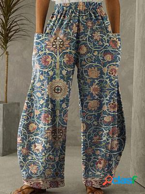 Elastic Waist Vintage Women Printed Loose Pants