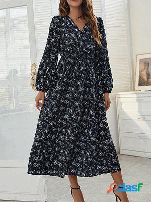 Elegant V-neck Printed Casual Resort Long Sleeve Midi Dress