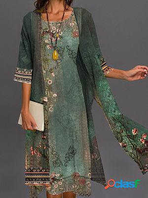 Emerald 3/4 Long Sleeve Floral Midi Shift Dresses