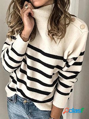 Fall/Winter Turtleneck Button-down Striped Knitted Sweater