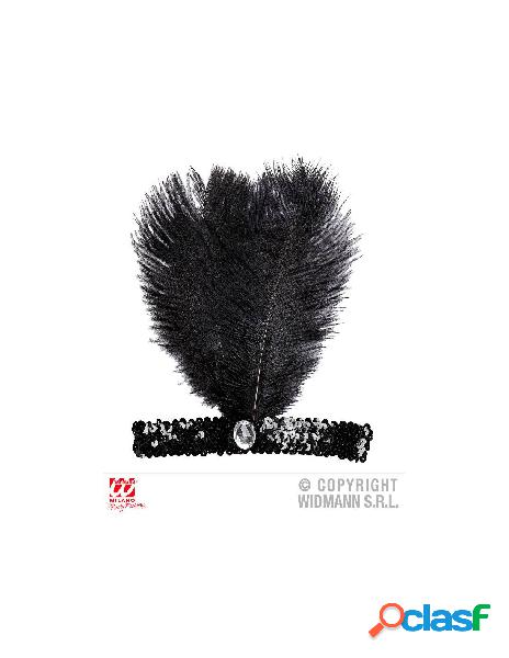 Fascia nera in paillettes con 2 piume e gemma
