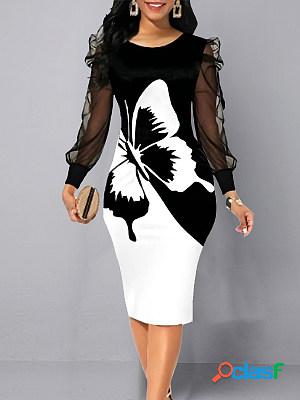 Fashion Casual Butterfly Print Mosaic Mesh Long-Sleeved Midi