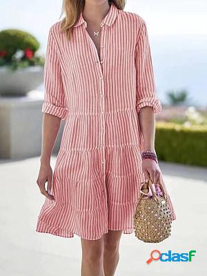 Fashion Casual Striped Lapel Long Sleeve Short Dress