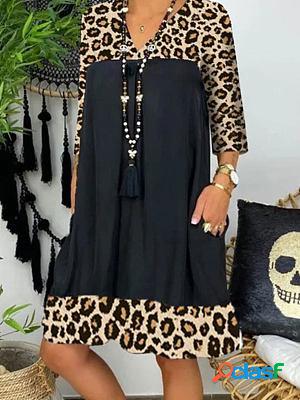 Fashion Leopard Patchwork V-neck Long Sleeve Loose Shift