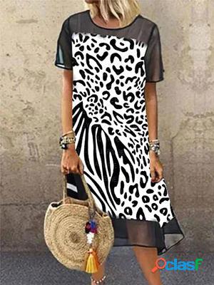 Fashion Leopard Print Mesh Panel Loose Maxi Dresses