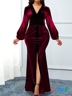 Fashion Long Sleeve V-neck Velvet Long Party Dress