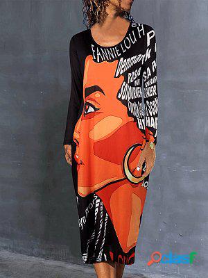 Fashion Print Loose Crew Neck Long Sleeve Midi Dress