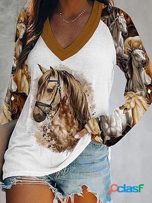 Fashion Print Loose V Neck Long Sleeve T-shirt