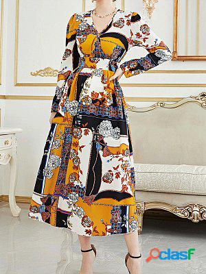 Fashion Print Temperament V Neck Long Sleeve Elegant Maxi