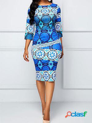Fashion Round Neck Ethnic Print Slim Bodycon Dresses